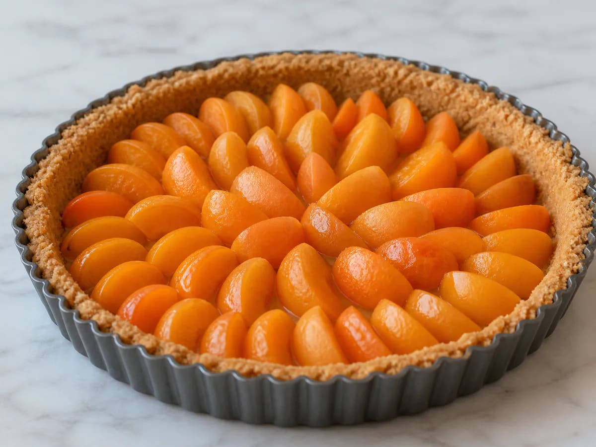 Preparação de Tarte Cremosa de Damascos com Amêndoas Torradas durante a confeção