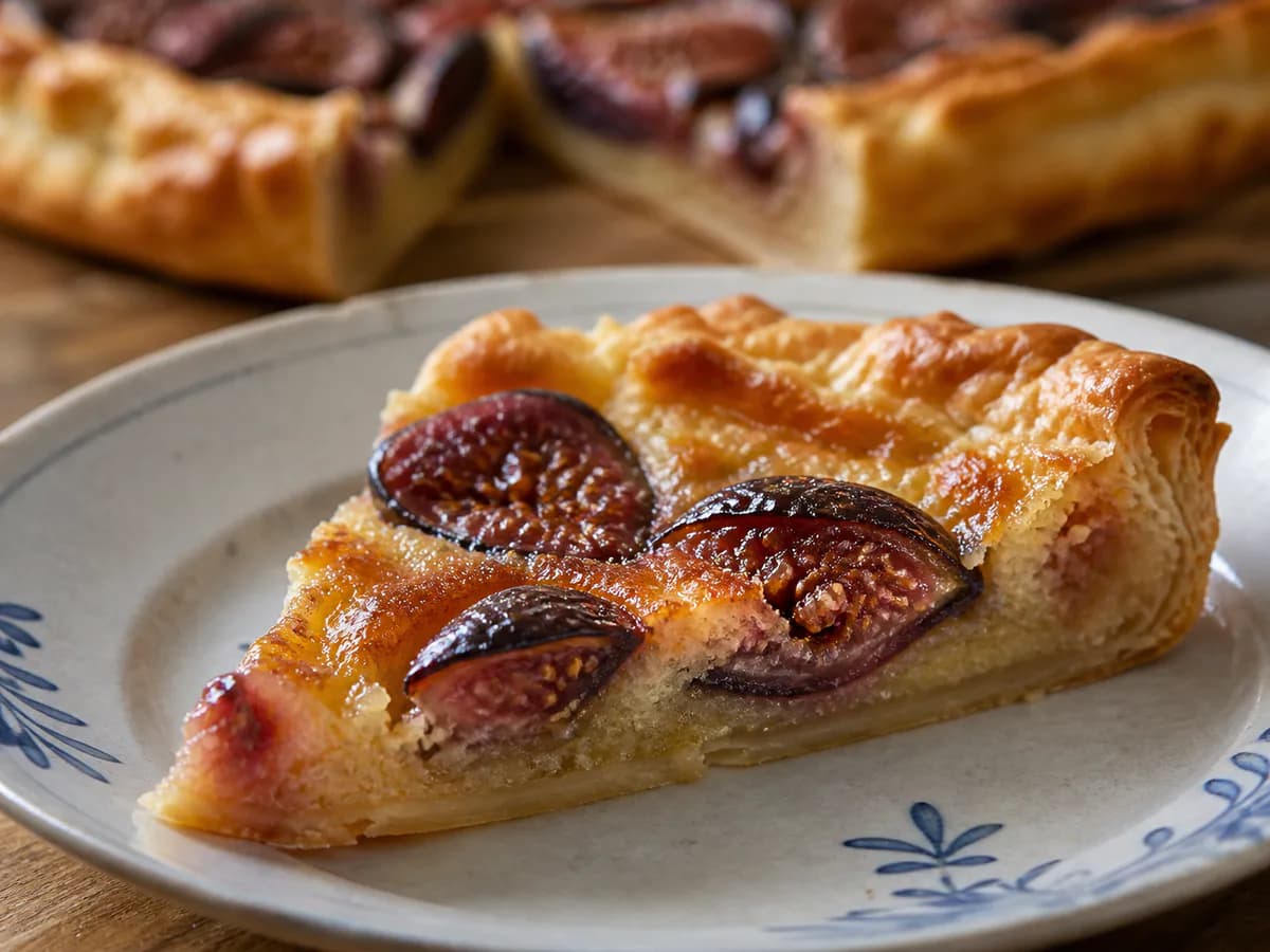Pormenor de uma porção de Tarte de Figos com Amêndoa