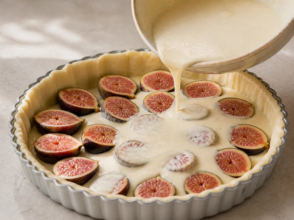 Preparação de Tarte de Figos com Amêndoa durante a confeção