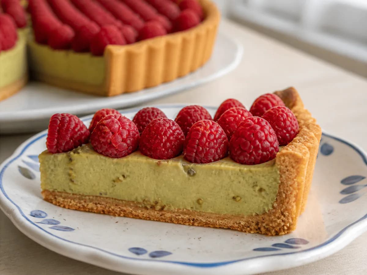 Pormenor de uma porção de Tarte de Framboesa e Pistácio