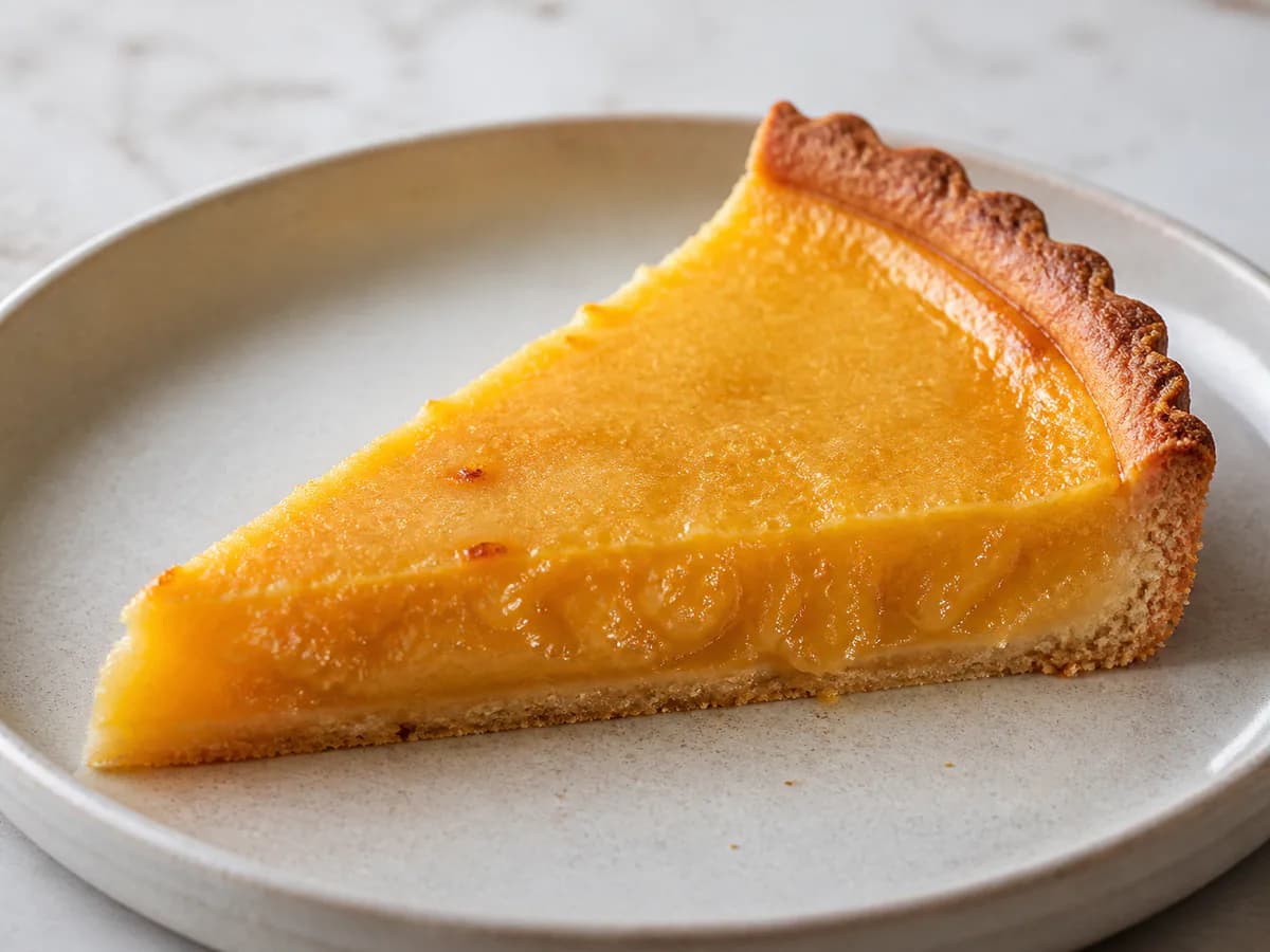Pormenor de uma porção de Tarte de Laranja Clássica