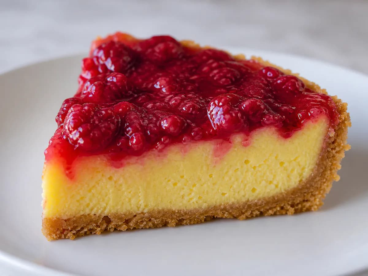 Pormenor de uma porção de Tarte de Laranja e Framboesas