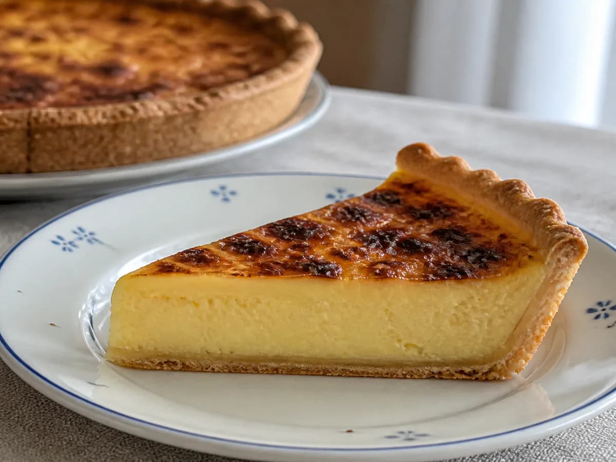 Pormenor de uma porção de Tarte de Leite Creme
