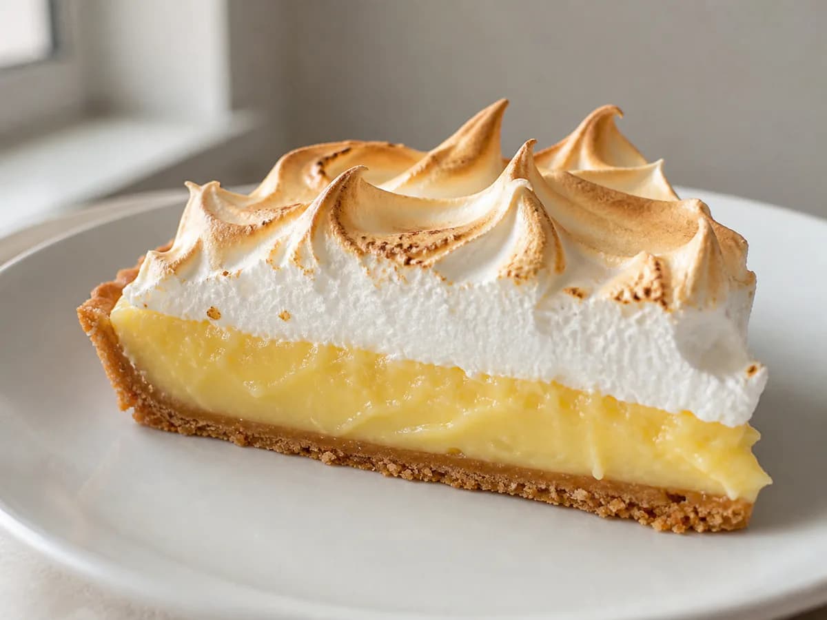 Pormenor de uma porção de Tarte de Limão com Merengue Dourado