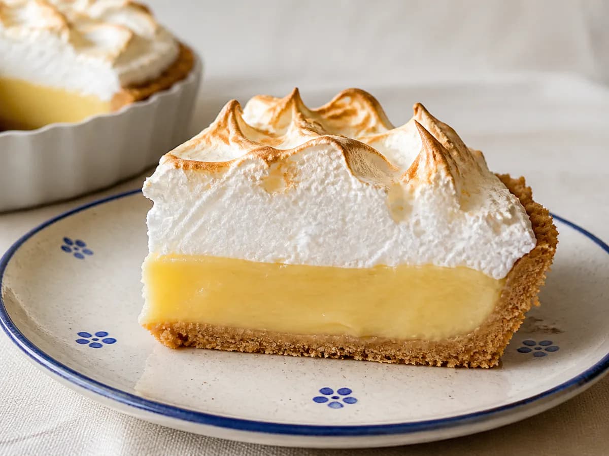 Pormenor de uma porção de Tarte de Limão Merengada com Recheio Assado