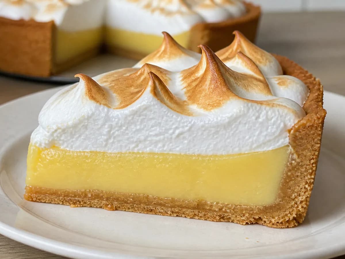 Pormenor de uma porção de Tarte de Limão Merengada com Leite Condensado