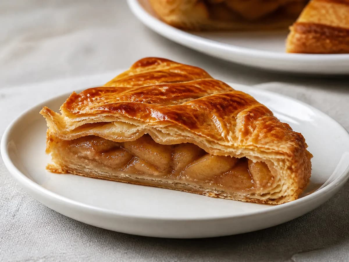 Pormenor de uma porção de Tarte de Maçã em Massa Folhada