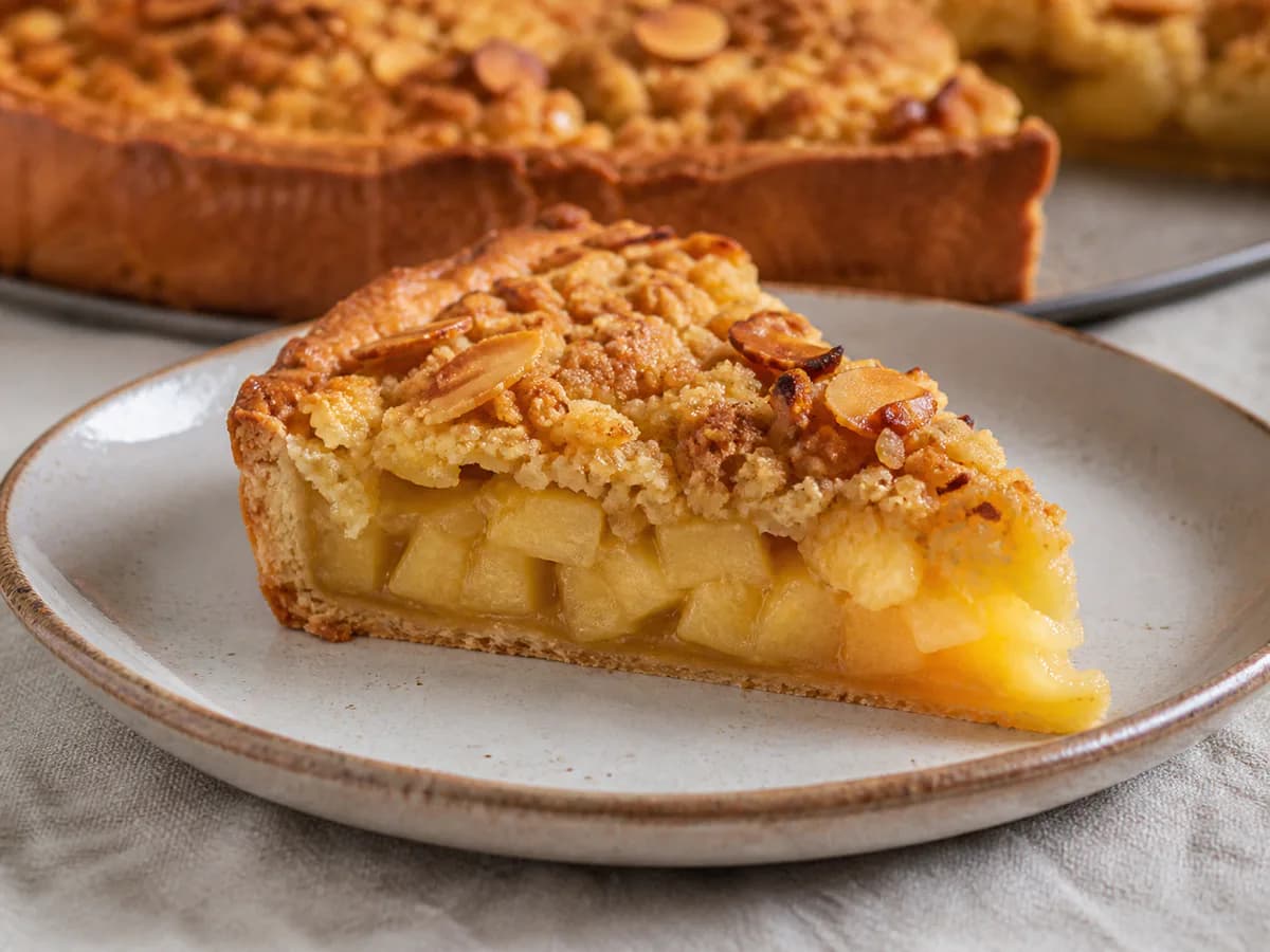 Pormenor de uma porção de Tarte de Maçã e Canela com Crumble