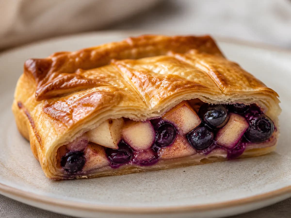 Pormenor de uma porção de Tarte de Maçã e Mirtilos