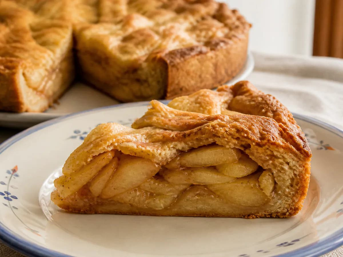 Pormenor de uma porção de Tarte de Maçã com Massa Caseira e Canela