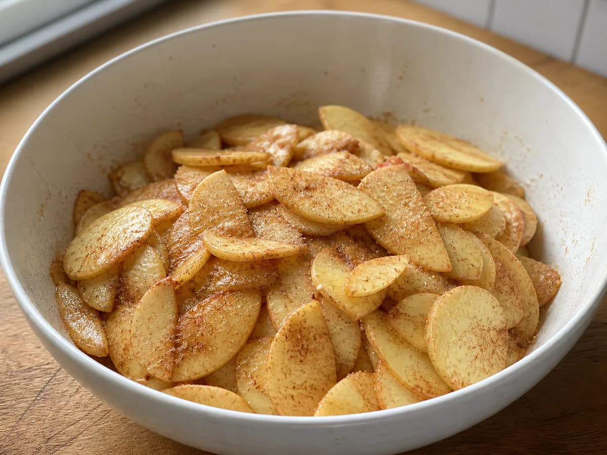 Preparação de Tarte de Maçã com Massa Caseira e Canela durante a confeção