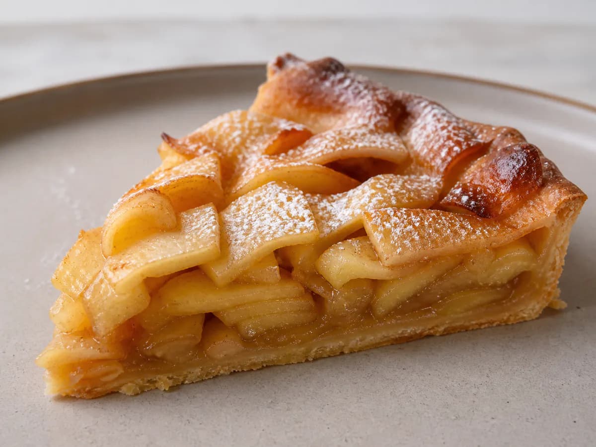 Pormenor de uma porção de Tarte de Maçã Clássica à Portuguesa