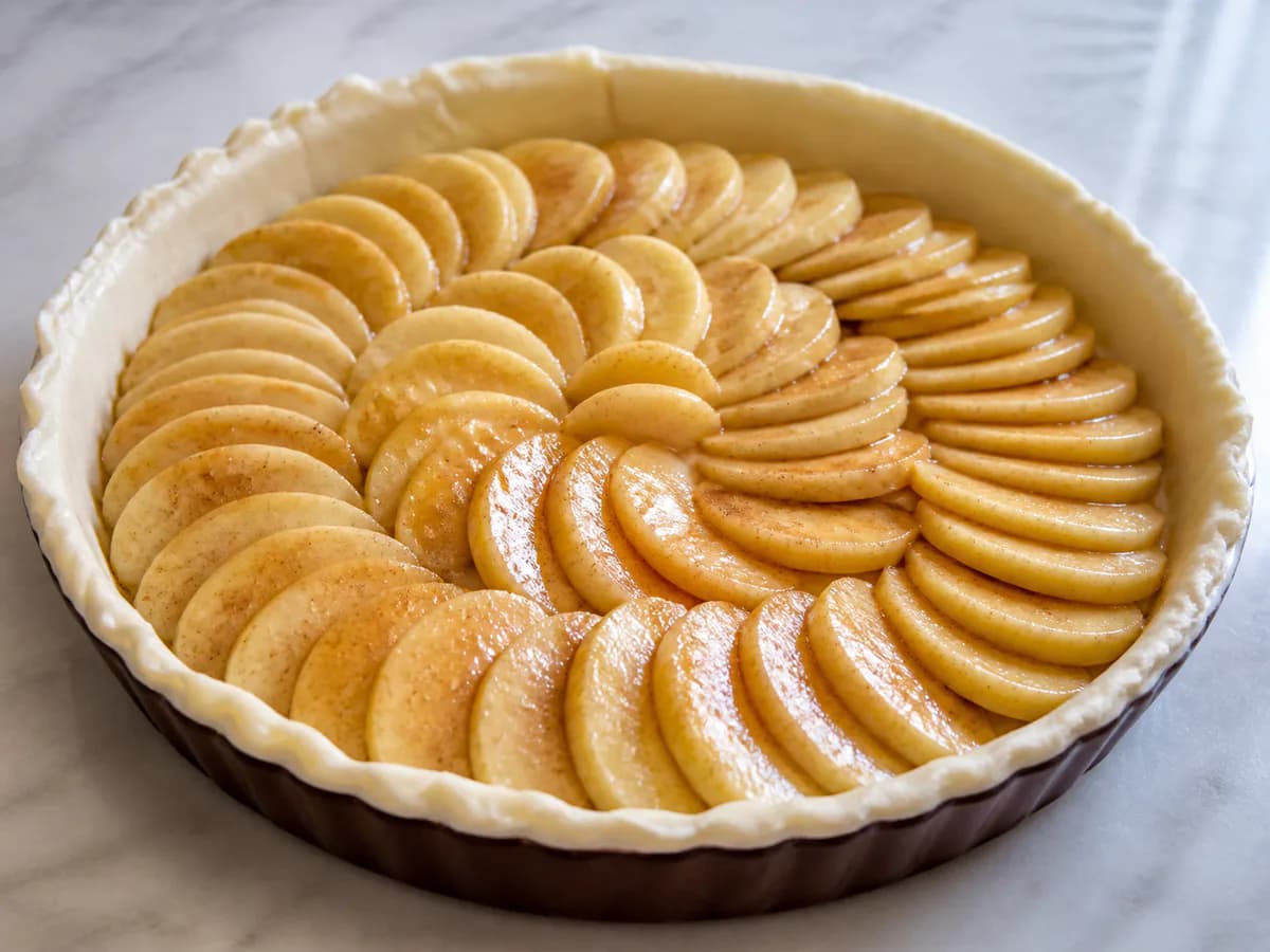Preparação de Tarte de Maçã Clássica à Portuguesa durante a confeção