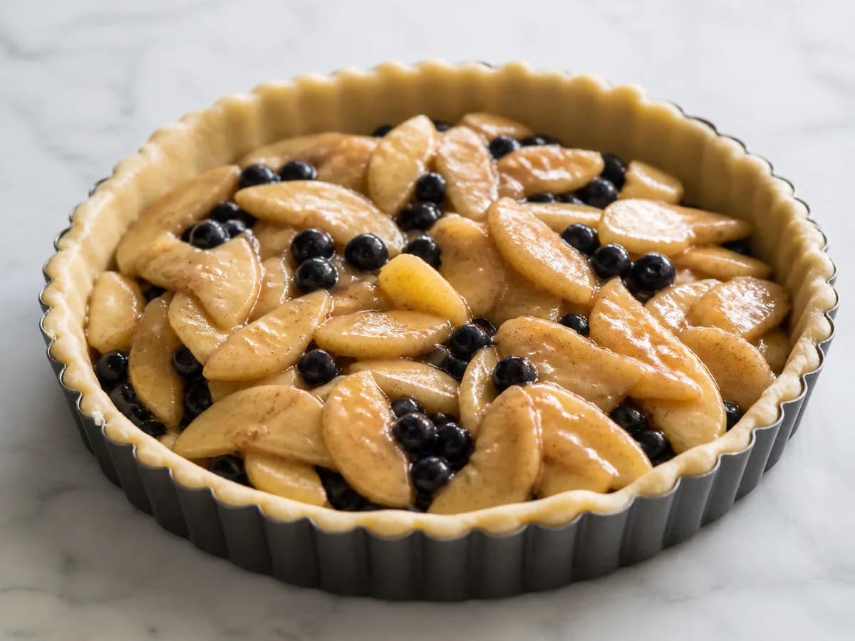 Preparação de Tarte de Maçãs e Mirtilos durante a confeção