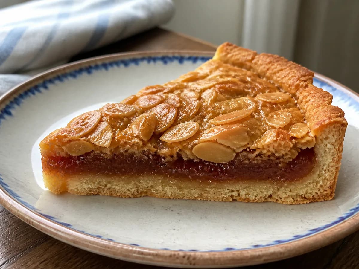 Pormenor de uma porção de Tarte de Marmelada com Amêndoa