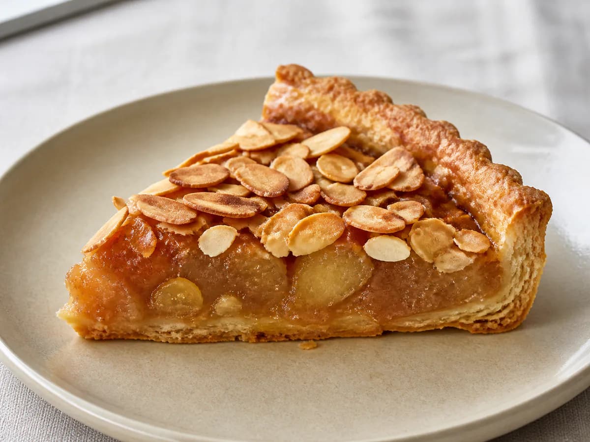 Pormenor de uma porção de Tarte de Marmelo e Maçã com Amêndoas