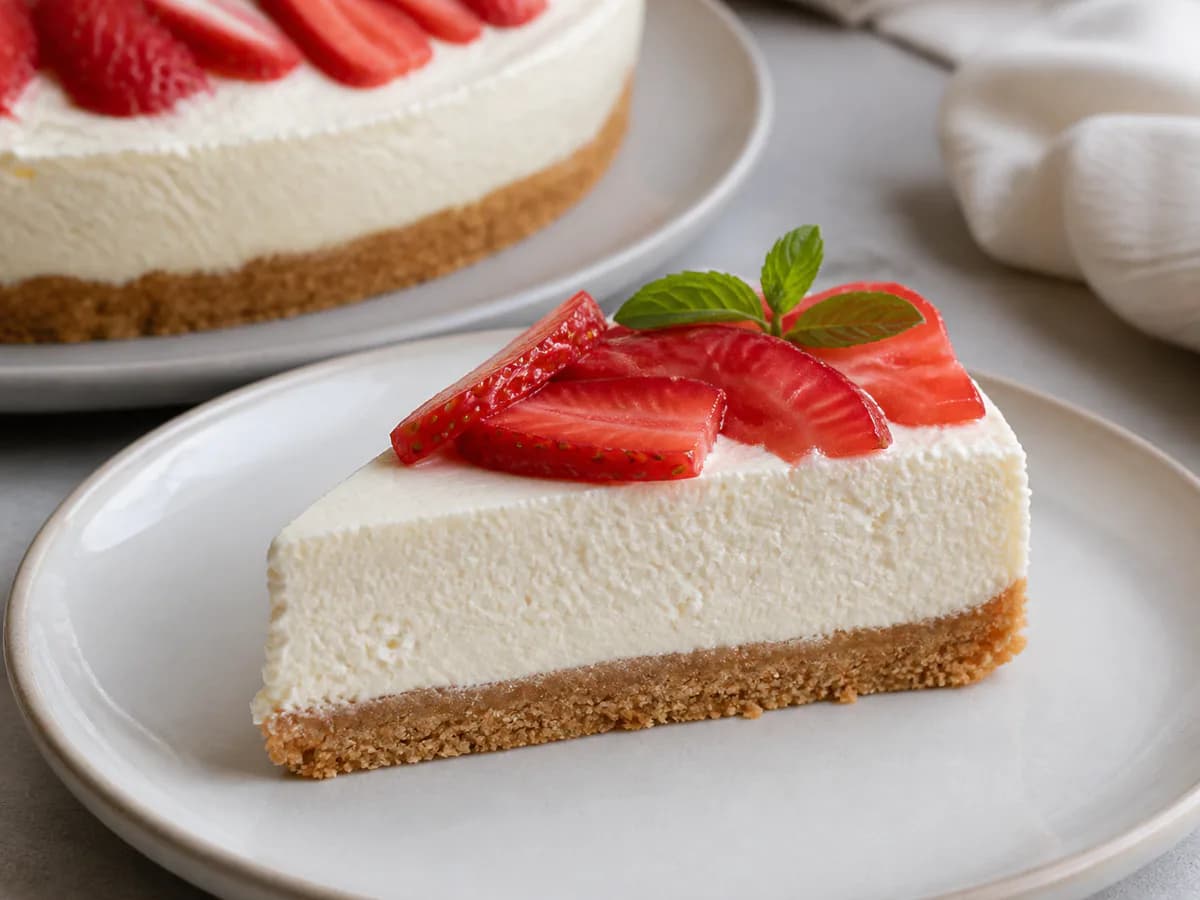 Pormenor de uma porção de Tarte de Morango com Queijo
