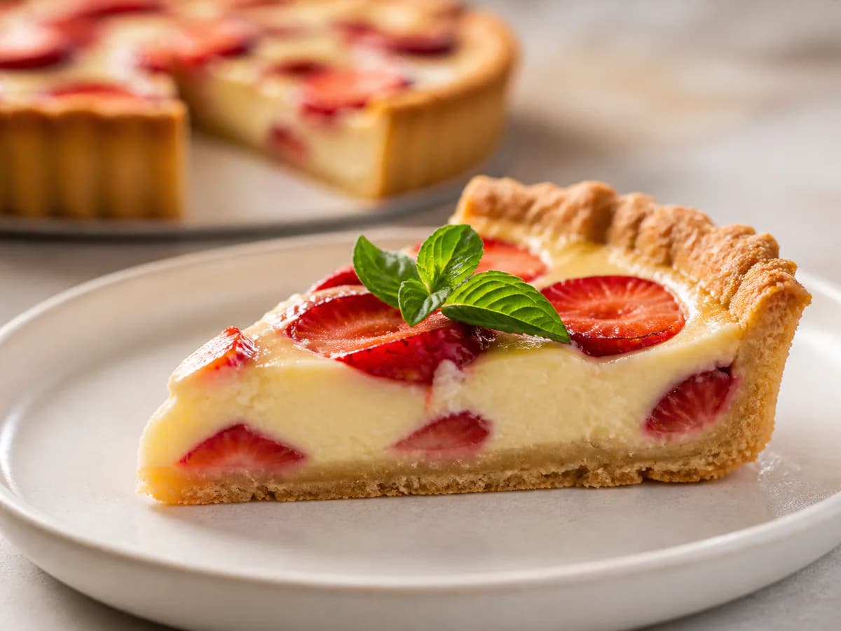 Pormenor de uma porção de Tarte de Morango com Queijo Fresco e Base Crocante
