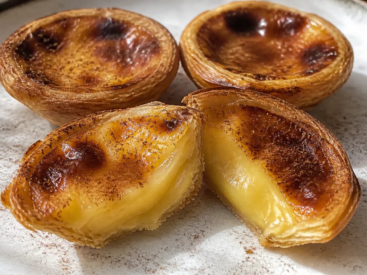 Pormenor de uma porção de Pastéis de Nata com Creme Espesso de Farinha