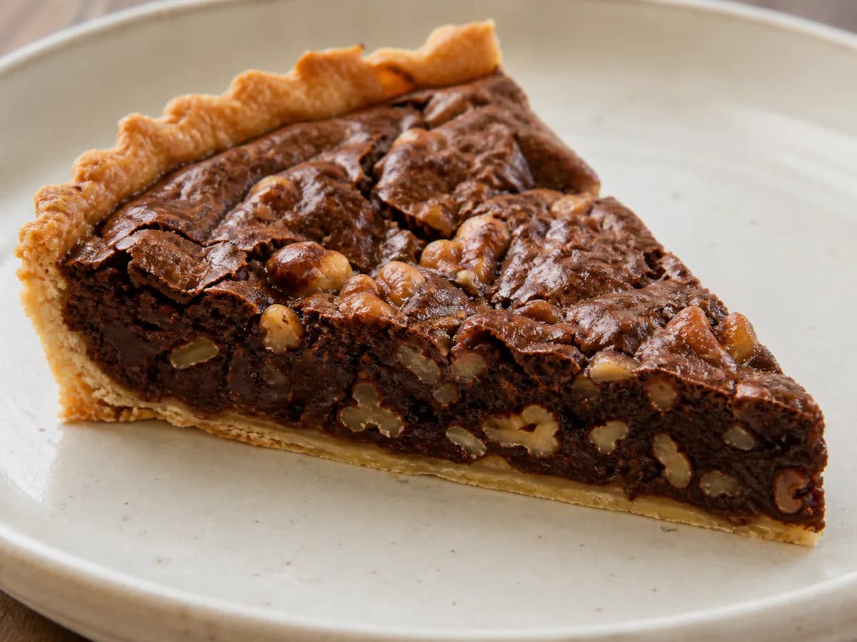 Pormenor de uma porção de Tarte de Nozes e Chocolate