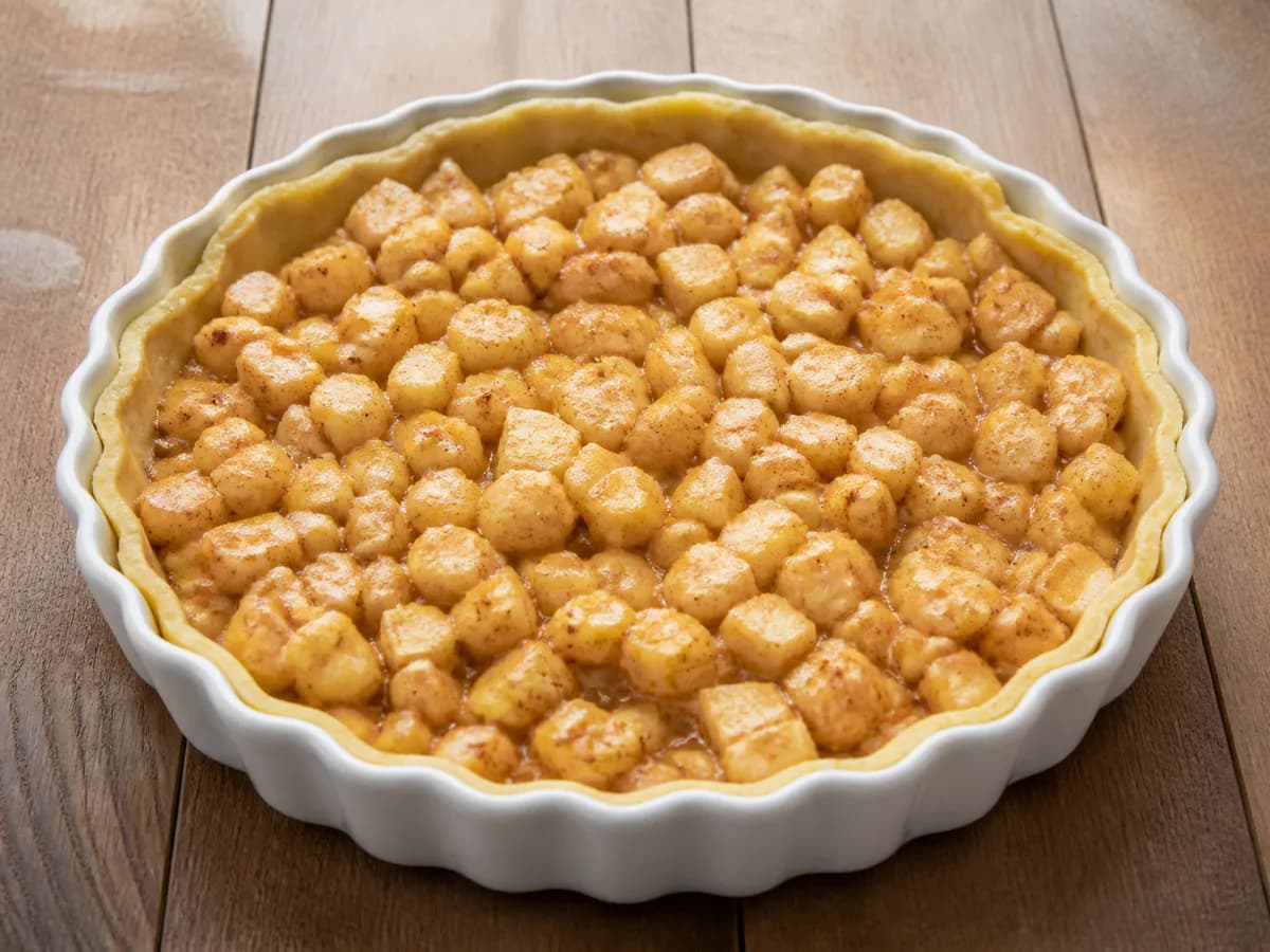 Preparação de Tarte Deliciosa de Maçã e Canela durante a confeção