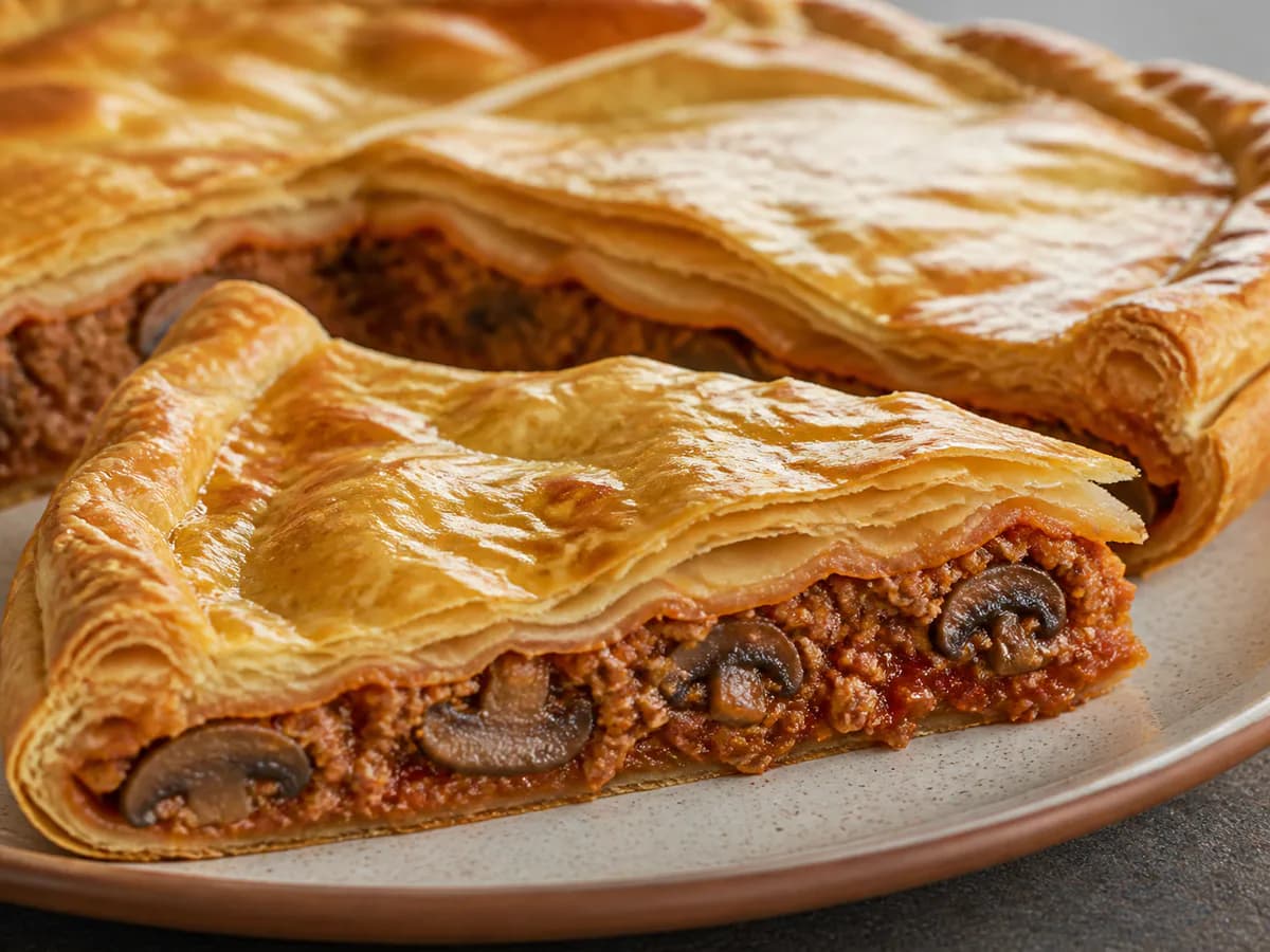 Pormenor de uma porção de Tarte Folhada de Carne e Cogumelos