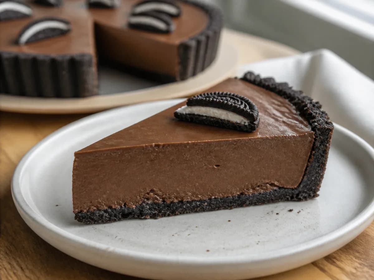 Pormenor de uma porção de Tarte Cremosa de Chocolate e Oreo com Bimby