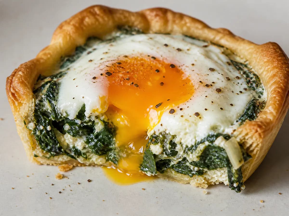 Pormenor de uma porção de Tarteletes de Espinafres com Ovo