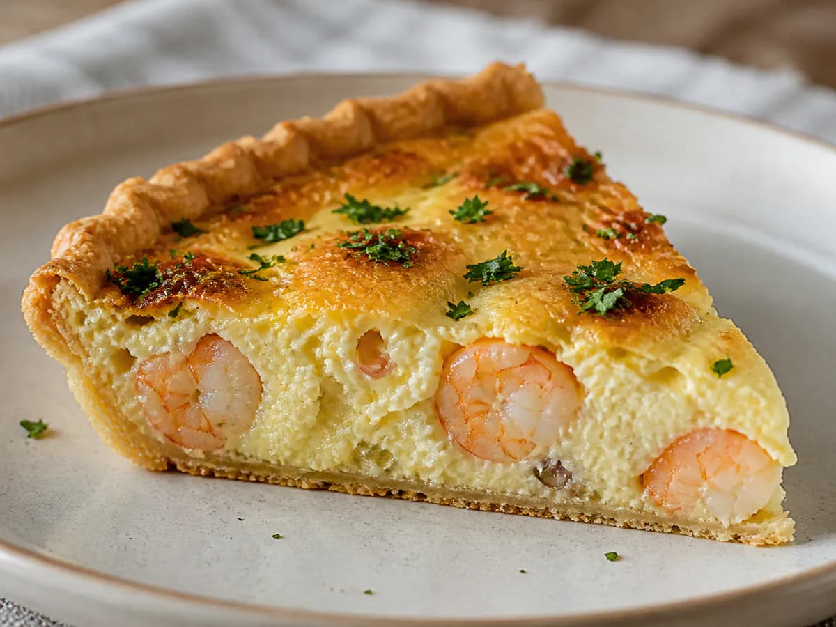 Pormenor de uma porção de Quiche de Camarão Cremosa