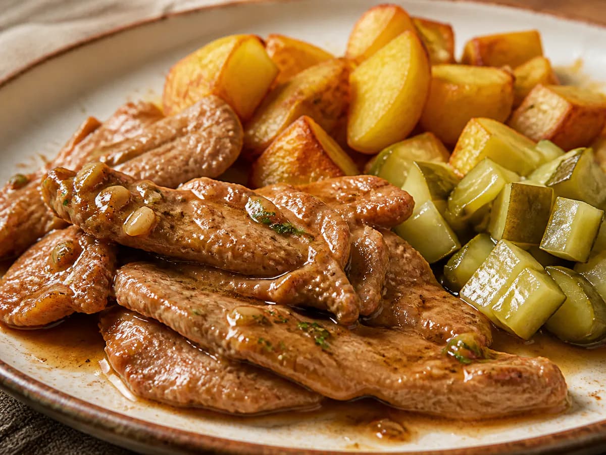 Pormenor de uma porção de Bifanas com Batatas Cubo e Pickles