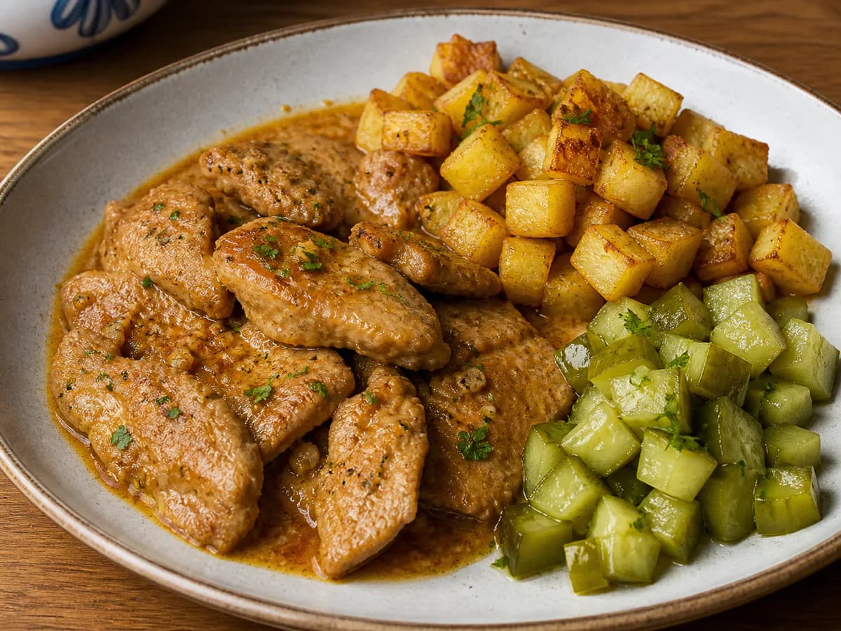 Bifanas com Batatas Cubo e Pickles