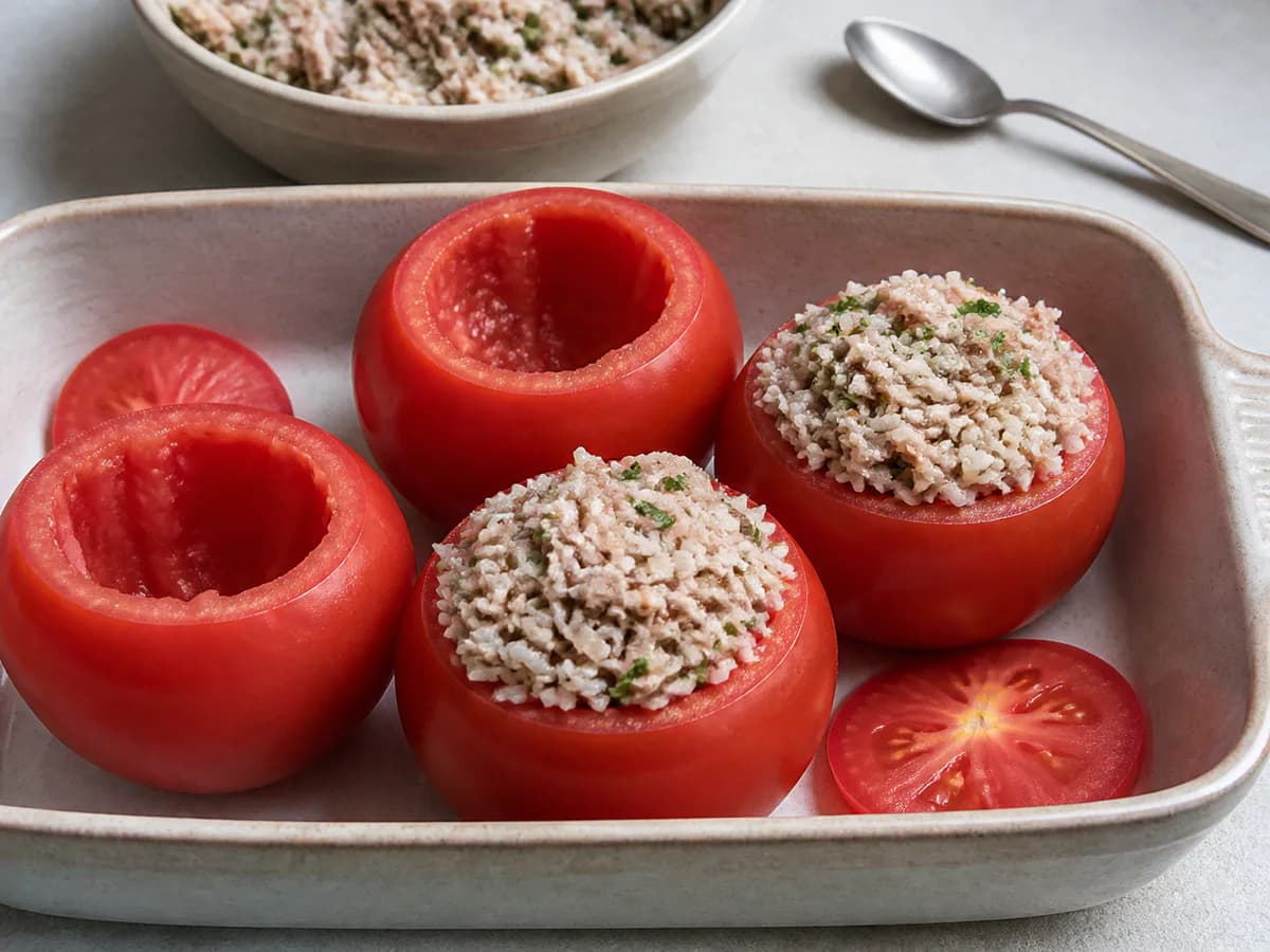 Preparação de Tomates Recheados Com Arroz E Atum durante a confeção