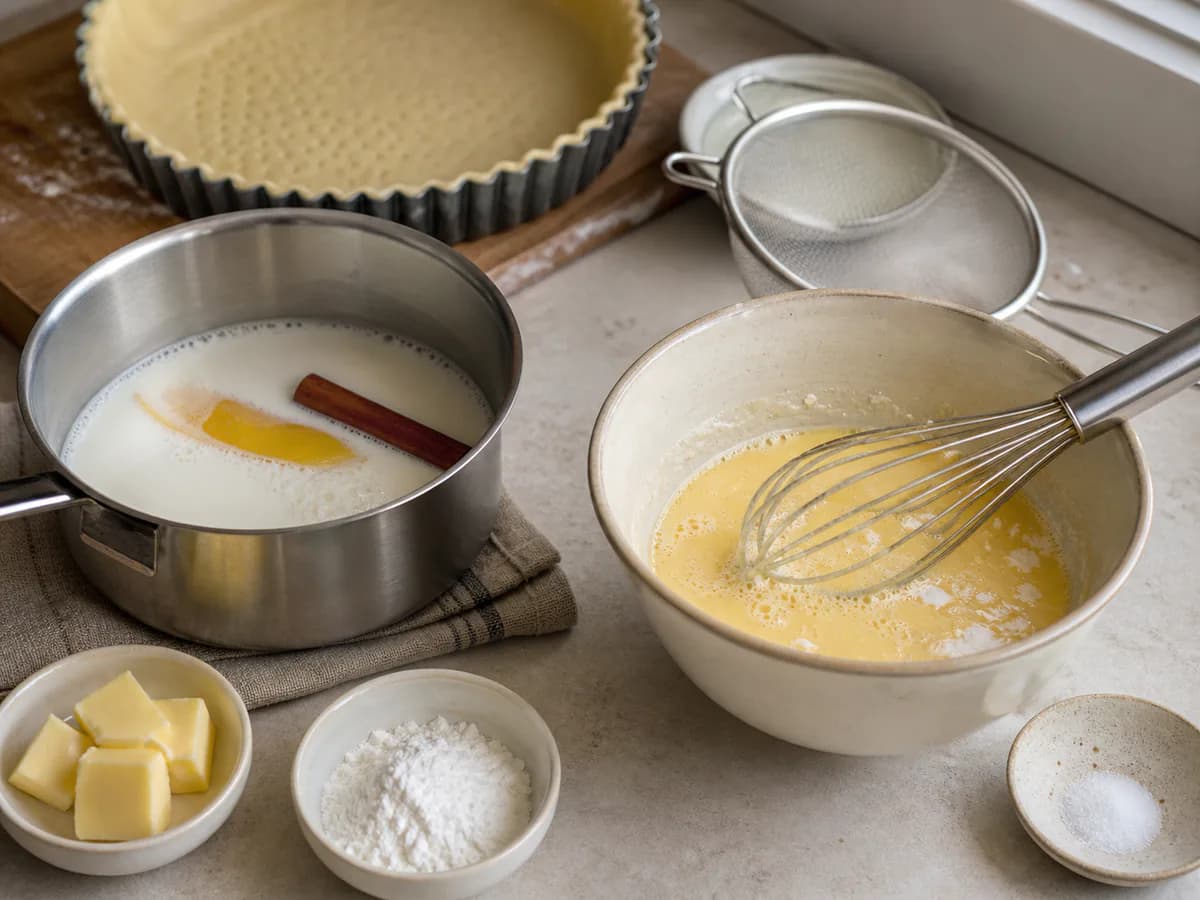 Preparação de Torta Cremosa de Ovos de Pastel de Nata durante a confeção