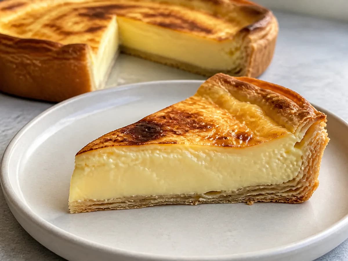Pormenor de uma porção de Torta Cremosa de Ovos de Pastel de Nata