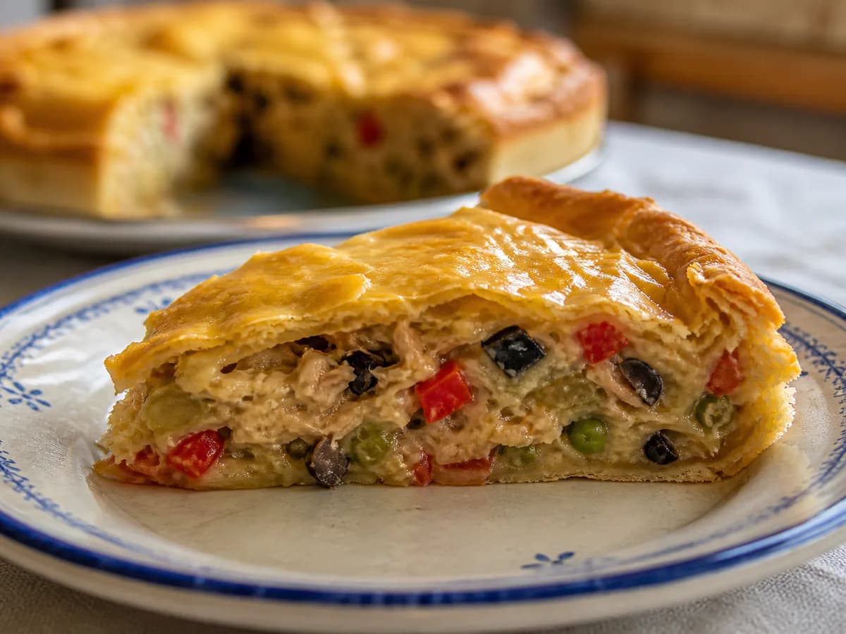 Pormenor de uma porção de Torta de Atum Clássica à Portuguesa