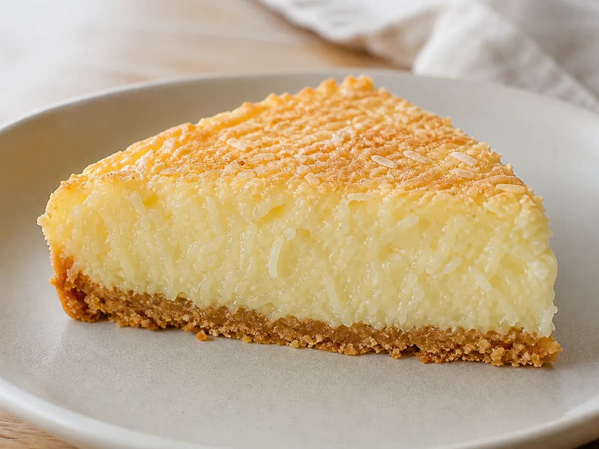 Pormenor de uma porção de Torta de Coco Cremosa