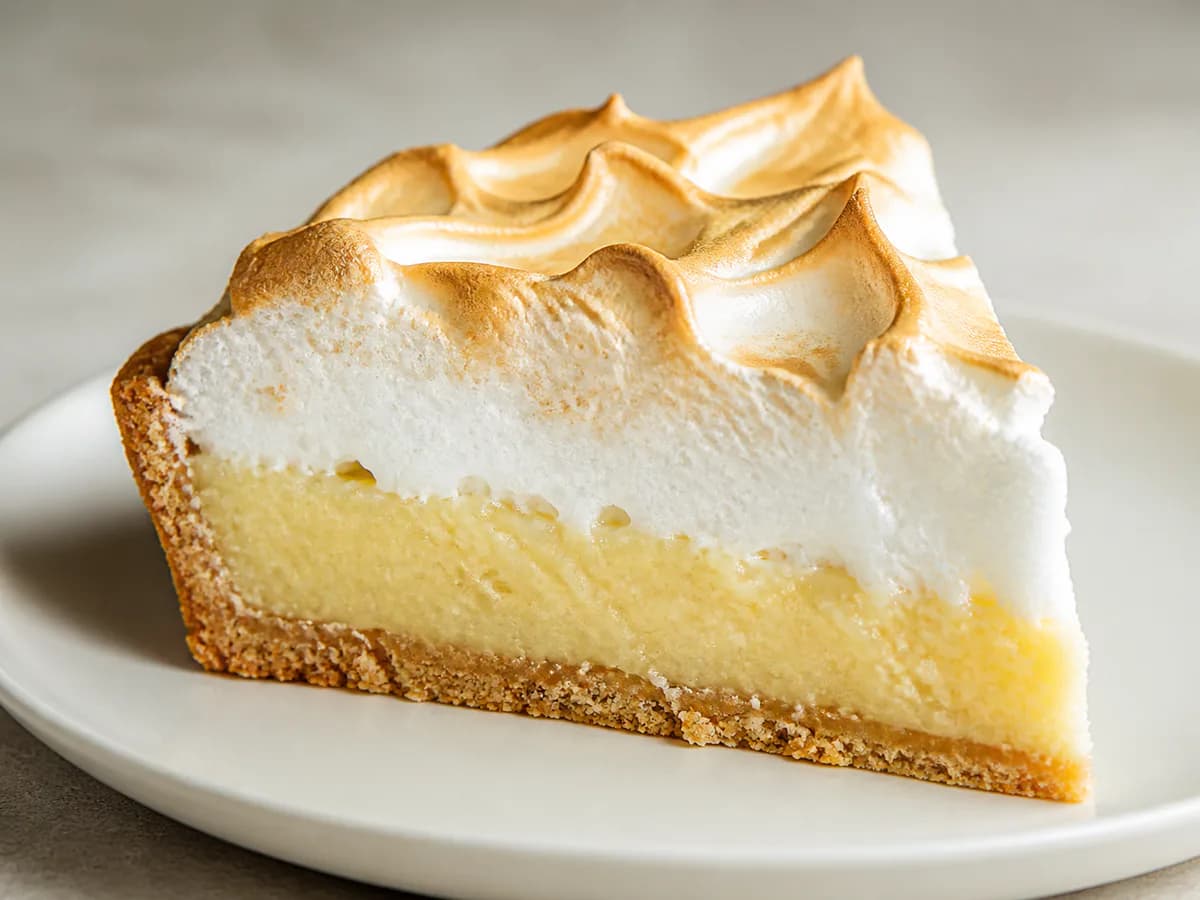 Pormenor de uma porção de Torta de Coco e Lima com Merengue