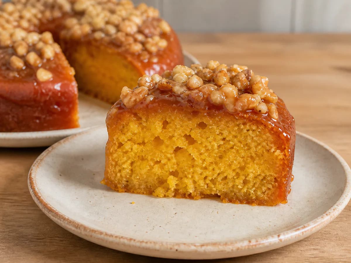 Pormenor de uma porção de Torta de Laranja com Caramelo e Nozes