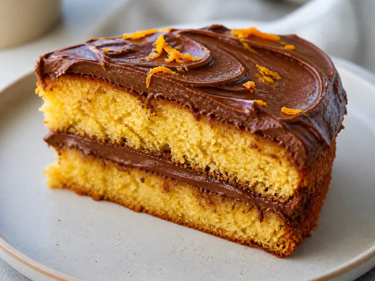 Pormenor de uma porção de Torta de Laranja com Nutella