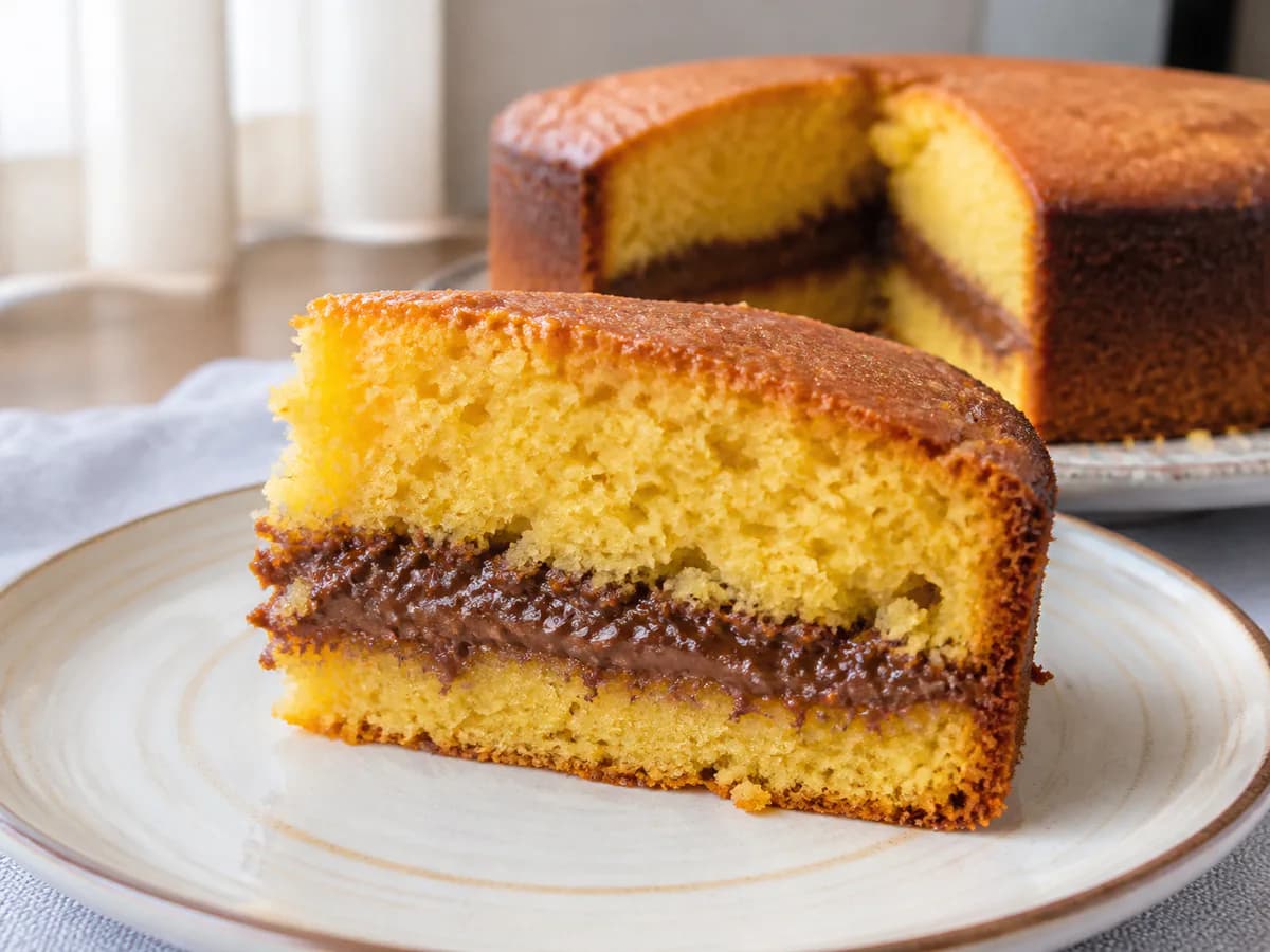 Pormenor de uma porção de Torta Húmida de Laranja com Recheio de Nutella