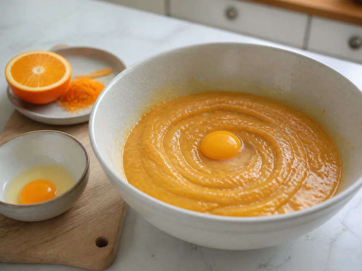 Preparação de Torta de Laranja e Leite Condensado Cozido durante a confeção