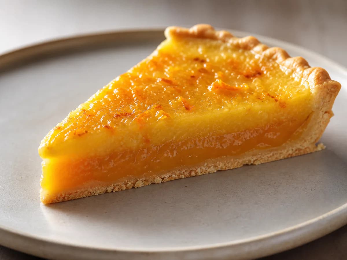 Pormenor de uma porção de Torta de Laranja e Ovos Moles