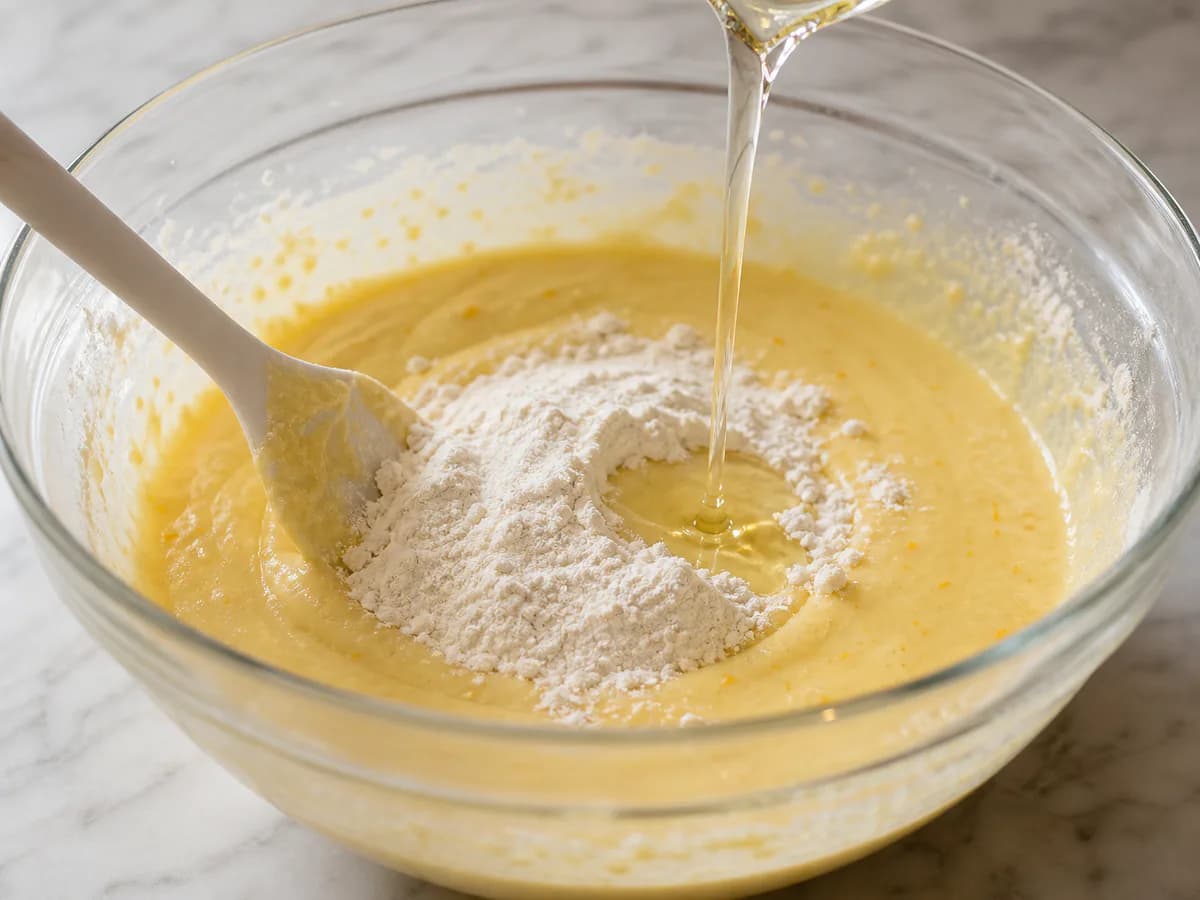Preparação de Torta de Laranja Fácil de Fazer durante a confeção