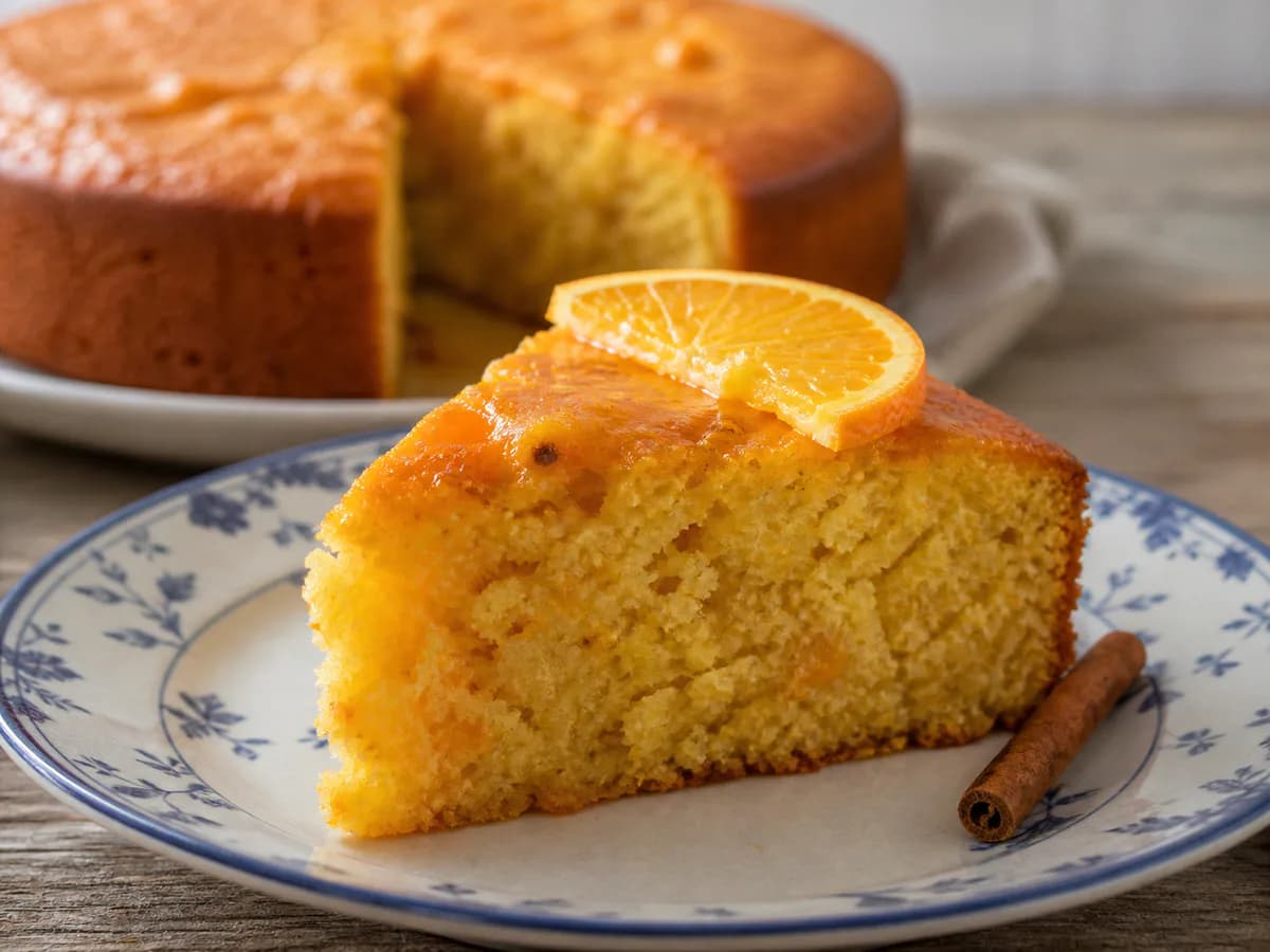 Pormenor de uma porção de Bolo Natalício de Laranja com Especiarias