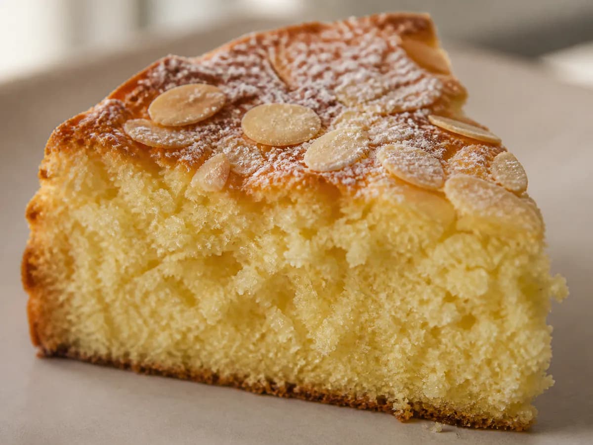Pormenor de uma porção de Torta Fofa de Amêndoa