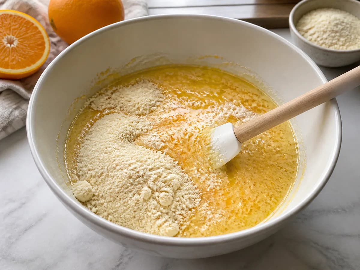 Preparação de Torta de Laranja Sem Açúcar e Sem Glúten durante a confeção