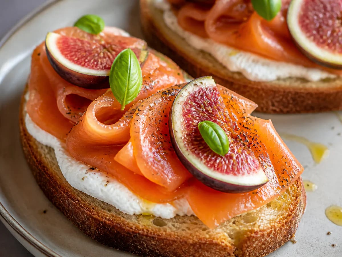 Pormenor de uma porção de Tostas de Salmão Fumado e Figo com Queijo de Cabra
