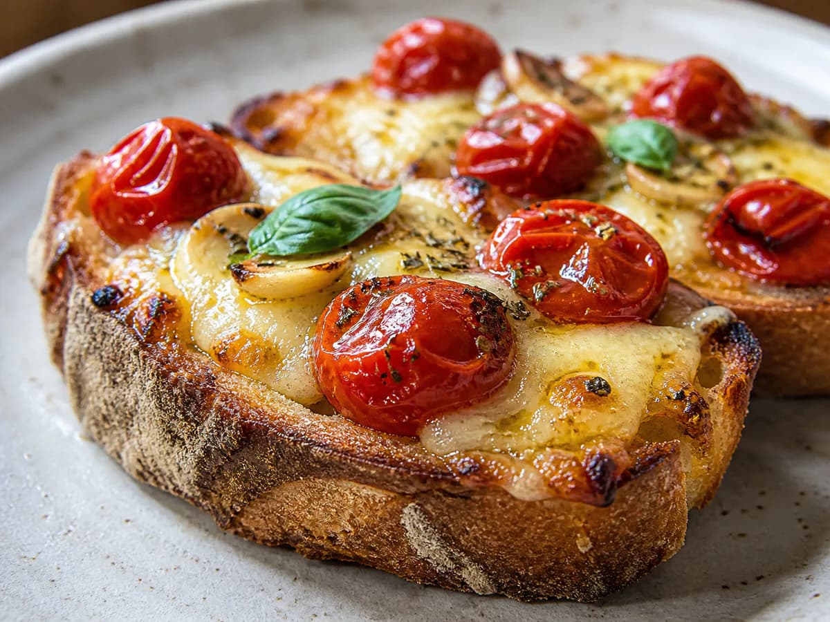 Pormenor de uma porção de Tostinhas de Queijo e Tomate Cherry