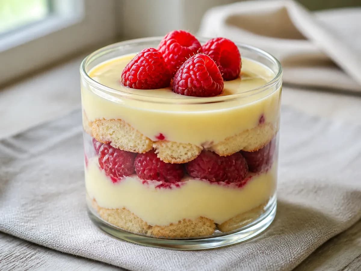 Pormenor de uma porção de Trifle de Framboesas e Custard de Chocolate Branco