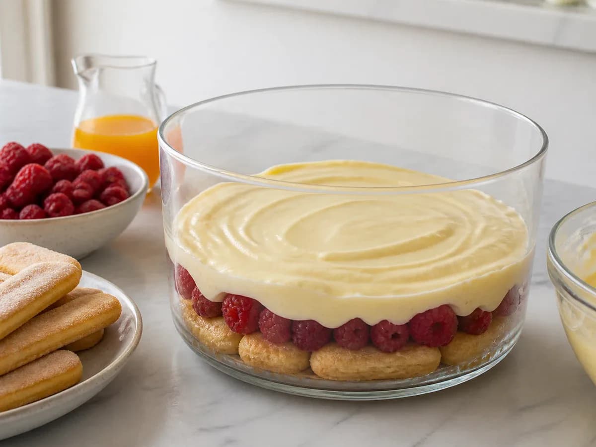 Preparação de Trifle de Framboesas e Custard de Chocolate Branco durante a confeção